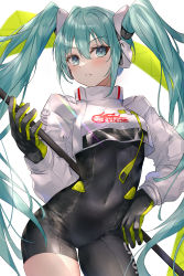 Rule 34 | 1girl, aqua eyes, aqua hair, asle, asymmetrical legwear, black gloves, blue eyes, blue hair, blush, bodysuit, breasts, contrapposto, covered navel, cowboy shot, cropped jacket, flagpole, flame print, gloves, goodsmile racing, green gloves, hair ornament, hatsune miku, headset, highres, holding, holding pole, jacket, looking to the side, official alternate costume, parted lips, pole, race queen, racing miku, racing miku (2022), small breasts, smiley face, solo, twintails, two-tone gloves, vocaloid, white jacket