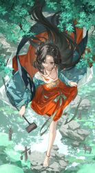 Rule 34 | 1girl, :d, absurdres, ankle rope, bare legs, barefoot, black eyes, black hair, chinese clothes, dipper, dress, facial mark, floating hair, forehead mark, from above, full body, green sleeves, hair branch, hair bun, hair ornament, hanfu, highres, holding, holding spoon, horse statue, jewelry, jiu niangzi, leaf, lily pad, long hair, looking at viewer, lotus leaf, open mouth, red dress, reverse:1999, rock, short dress, single side bun, skirt hold, smile, solo, spilling, spoon, statuette, tassel, tassel hair ornament, tian yanyan, very long hair, walking, water, wide sleeves