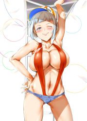 Rule 34 | 1girl, arm up, baseball cap, blue eyes, blunt bangs, breasts, cowboy shot, denim, denim shorts, gluteal fold, hat, ladder, large breasts, one-piece swimsuit, one eye closed, original, red one-piece swimsuit, short hair, short shorts, shorts, slingshot swimsuit, standing, swimsuit, usyuuri, white hair