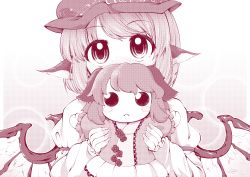 Rule 34 | 0-den, 1girl, absurdres, animal ears, bird ears, bird wings, blush, border, character doll, commentary request, covered mouth, doll, earrings, feathered wings, fingernails, flower, frills, gradient background, greyscale, hat, highres, holding, holding doll, jewelry, juliet sleeves, kasodani kyouko, long fingernails, long sleeves, looking at viewer, mob cap, monochrome, mystia lorelei, nose blush, outside border, puffy sleeves, red theme, short hair, simple background, single earring, solo, swept bangs, touhou, upper body, white background, white border, wings