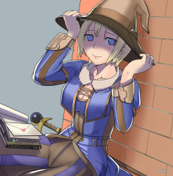 Rule 34 | 00s, 1girl, black mage (final fantasy), blonde hair, blue eyes, blush, book, breasts, cleavage, final fantasy, final fantasy xi, hat, heart, hume, letter, robina, scepter, short hair, sitting, solo, witch hat