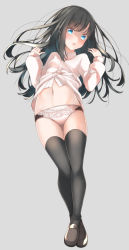 Rule 34 | 1girl, asashio (kancolle), black hair, black thighhighs, blue eyes, blush, brown footwear, collared shirt, comah, full body, grey background, kantai collection, loafers, long hair, long sleeves, navel, open mouth, panties, shirt, shoes, simple background, solo, thighhighs, underwear, white panties, white shirt