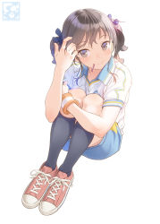 Rule 34 | 1girl, adjusting hair, aoi sora (pairan), black socks, blue shorts, brown eyes, brown hair, closed mouth, collared shirt, commentary request, cross-laced footwear, full body, gym uniform, hair ornament, hairclip, hand up, head tilt, highres, hugging own legs, kneehighs, knees up, long hair, looking at viewer, mouth hold, original, pairan, shirt, shoes, short sleeves, shorts, simple background, sitting, smile, sneakers, socks, solo, twintails, watermark, white background, white shirt, wristband