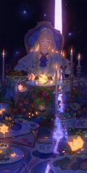 Rule 34 | 1girl, absurdres, aki a0623, artist name, blonde hair, blue ribbon, candle, candlestand, chair, cherry, closed eyes, closed mouth, cup, facing viewer, flower, food, fork, fruit, gem, glowing, grapes, highres, holding, holding fork, holding knife, knife, lemon, lemon slice, lips, long hair, long sleeves, neck ribbon, on chair, orange (fruit), original, pineapple, pink flower, plate, print cup, red flower, red gemstone, ribbon, shirt, signature, sitting, solo, star (symbol), star print, table, teapot, white shirt, yellow flower