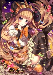 Rule 34 | &gt;:), 1girl, bad id, bad pixiv id, black thighhighs, blonde hair, blush, cagliostro (granblue fantasy), cagliostro (halloween) (granblue fantasy), candy, cape, crown, food, granblue fantasy, grin, halloween, halloween costume, heart, highres, homaderi, hood, layered skirt, long hair, looking at viewer, puffy short sleeves, puffy sleeves, purple eyes, shirt, short sleeves, skirt, smile, solo, thighhighs, v-shaped eyebrows, white shirt, yellow neckwear
