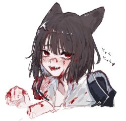 Rule 34 | 1girl, animal ears, blood, blood in hair, blood on clothes, blood on face, blood on hands, blush, breasts, brown hair, cat ears, cat girl, cleavage, collared shirt, commentary request, kemonomimi mode, limbus company, medium breasts, moth ram, open clothes, open mouth, open shirt, paw pose, project moon, ryoshu (project moon), sharp teeth, shirt, short hair, simple background, sketch, smile, solo, teeth, tongue, tongue out, translation request, white background, white shirt