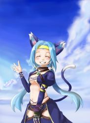 Rule 34 | 1girl, :d, ^ ^, animal ears, belt, black gloves, blue hair, blue sky, blue thighhighs, blush, breasts, cat ears, cat tail, cleavage, closed eyes, cloud, cross-laced clothes, day, closed eyes, fangs, gauntlets, gem, gloves, green gemstone, grin, hair tubes, jewelry, long hair, long sleeves, medium breasts, meracle chamlotte, navel, open mouth, puffy long sleeves, puffy sleeves, shorts, sky, smile, solo, soremade, star ocean, star ocean the last hope, star ocean the last hope international, stomach, tail, teeth, thighhighs, twintails, very long hair, waving, zettai ryouiki