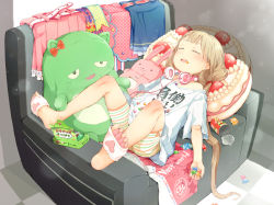Rule 34 | 1girl, armchair, bare shoulders, barefoot, between toes, candy, candy wrapper, chair, closed eyes, clothes writing, collarbone, feet, food, food in mouth, futaba anzu, gomennasai, headphones, headphones around neck, holding, holding food, idolmaster, idolmaster cinderella girls, idolmaster cinderella girls starlight stage, light brown hair, long hair, low twintails, lying, off shoulder, on back, open mouth, polka dot, shirt, short shorts, short sleeves, shorts, soles, solo, striped clothes, striped shorts, stuffed animal, stuffed cat, stuffed rabbit, stuffed toy, toes, twintails, very long hair, white shirt, you work you lose