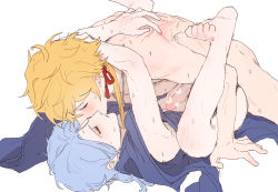 Rule 34 | 2boys, anal, barefoot, blonde hair, blue hair, blush, censored, closed eyes, dal-gi, dog tags, genshin impact, hair between eyes, heart, heart censor, highres, implied sex, kamisato ayato, lying, male focus, male penetrated, multiple boys, nude, on back, open clothes, parted lips, penis, ponytail, scratches, scratching, sex, simple background, sweat, thoma (genshin impact), white background, yaoi