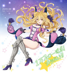 1girl :d aquarius_(constellation) armor black_gloves blonde_hair breasts bright_pupils chinese_commentary cleavage commentary_request constellation constellation_print date_a_live double_bun dress floating floating_hair full_body gemini_(constellation) gloves greaves hair_bun hair_ornament hair_ribbon high_heels highres holding hoshimiya_mukuro large_breasts leo_(constellation) light_blush long_hair looking_at_viewer open_mouth pisces_(constellation) purple_dress purple_ribbon ribbon sagittarius_(constellation) scorpius_(constellation) short_sleeves skirt_hold smile solo star_(sky) star_(symbol) starry_sky_background taurus_(constellation) translation_request tsubasaki twitter_username very_long_hair yellow_eyes