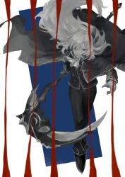 Rule 34 | 1boy, absurdres, argalia (project moon), ascot, asumi ensen, closed mouth, floating hair, full body, gloves, greyscale, greyscale with colored background, highres, holding, holding scythe, jacket, library of ruina, long hair, male focus, monochrome, pants, project moon, scythe, shoes, smile, solo, very long hair