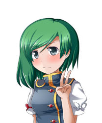 Rule 34 | 1girl, asymmetrical hair, blue eyes, blush, breasts, embarrassed, frown, green hair, highres, medium breasts, mono60, mono (mono60), no headwear, no headwear, puffy short sleeves, puffy sleeves, shiki eiki, short sleeves, solo, tabard, touhou, upper body, v