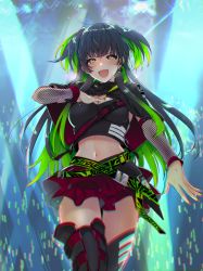 Rule 34 | 1girl, arm warmers, black hair, black thighhighs, blunt bangs, blush, breasts, brown eyes, capelet, chromatic aberration, cleavage, cleavage cutout, clothing cutout, commentary request, crop top, fingernails, glowstick, green hair, idolmaster, idolmaster shiny colors, long hair, looking at viewer, mayuzumi fuyuko, medium breasts, midriff, multicolored hair, nail polish, navel, shotan, smile, solo, thighhighs, two-tone hair, two side up
