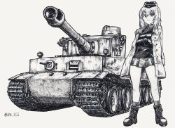 Rule 34 | 1girl, ankle boots, ballpoint pen (medium), boots, closed mouth, coat, coat on shoulders, commentary, cross-laced footwear, crossed arms, dress shirt, frown, garrison cap, girls und panzer, hat, highres, insignia, itsumi erika, jacket, kuromorimine military uniform, long sleeves, looking at viewer, medium hair, military, military hat, military uniform, military vehicle, miniskirt, motor vehicle, nspa (spa-jcs), pleated skirt, shirt, skirt, socks, solo, standing, tank, tiger i, traditional media, twitter username, uniform, wing collar