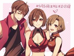 Rule 34 | 1boy, 2girls, aged down, black shirt, breasts, brown eyes, brown hair, cleavage, cleavage cutout, clothing cutout, commentary, crop top, dual persona, genderswap, genderswap (ftm), hand on another&#039;s back, hand on another&#039;s shoulder, heart, highres, jacket, looking at viewer, medium breasts, meiko (vocaloid), meito, multiple girls, one eye closed, open mouth, pink background, pleated skirt, red jacket, red skirt, sakine meiko, shirt, short hair, skirt, sleeveless, sleeveless jacket, small breasts, smile, translated, upper body, vocaloid, yen-mi