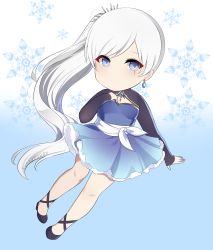 Rule 34 | 1girl, absurdres, artist name, bare legs, blue background, blue dress, blue eyes, chibi, colored eyelashes, dress, earrings, eyelashes, gradient background, highres, jewelry, long hair, long sleeves, rwby, sash, scar, scar across eye, scar on face, shoes, short dress, side ponytail, simple background, snowflakes, solo, sunnypoppy, very long hair, weiss schnee, white background, white hair, white sash