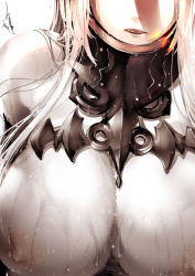 Rule 34 | 10s, 1girl, abyssal ship, breasts, close-up, colored skin, detached sleeves, head out of frame, kantai collection, large breasts, long hair, mizusaki (tengoku), nipples, nude, pale skin, parted lips, revision, seaport princess, solo, wet, white hair, white skin