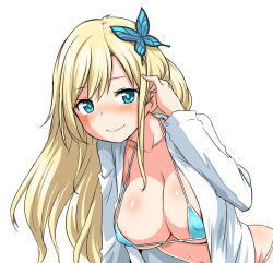 Rule 34 | 10s, 1girl, areola slip, bikini, blonde hair, blue bikini, blue eyes, blush, boku wa tomodachi ga sukunai, breasts, bug, butterfly, butterfly hair ornament, cleavage, female focus, hair ornament, insect, kashiwazaki sena, large breasts, leaning forward, long hair, looking at viewer, open clothes, open shirt, shirt, simple background, smile, solo, strap gap, swimsuit, white background, zaxwu