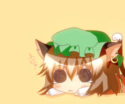 Rule 34 | 1girl, animal ears, black eyes, brown hair, cat ears, cat girl, cat tail, chen, chibi, earrings, female focus, hat, jewelry, noiz, open mouth, short hair, simple background, solid circle eyes, tail, tears, touhou