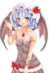 Rule 34 | 1girl, :d, alternate costume, armlet, bare arms, bare shoulders, bat wings, blue hair, blush, bow, breasts, brooch, cleavage, collarbone, commentary request, dress, flower, fujiko (emnprmn), grey dress, hair between eyes, hand up, hat, hat flower, highres, jewelry, looking at viewer, medium breasts, mob cap, open mouth, plaid, plaid dress, red bow, red eyes, red flower, remilia scarlet, short hair, simple background, smile, solo, strapless, strapless dress, touhou, unmoving pattern, upper body, white background, white hat, wings, wrist cuffs