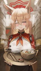 Rule 34 | 1girl, animal ear fluff, animal ears, aspih sp, black skirt, blue archive, blush, bra, bra visible through clothes, breasts, brown hair, chopsticks, closed mouth, food, hair between eyes, halo, heart, highres, holding, holding tray, large breasts, long hair, looking at viewer, one eye closed, pink eyes, red halo, rumi (blue archive), see-through, see-through shirt, skirt, smile, solo, spoon, sweat, sweaty clothes, tray, underwear, wet, wet clothes, white bra