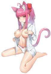 Rule 34 | 1girl, absurdres, ahoge, animal ear fluff, animal ears, bad id, bad pixiv id, bandaid, bandaids on nipples, barefoot, blush, bow, bow panties, breasts, cat ears, closed mouth, collared shirt, commission, fang, feet, full body, hair bow, highres, holding, holding clothes, holding shirt, large breasts, long hair, looking at viewer, navel, open clothes, open shirt, original, panties, pasties, pink eyes, pink hair, pink tail, red bow, romana, shirt, simple background, sitting, solo, stomach, underwear, very long hair, wariza, white background, white panties, white shirt, wing collar