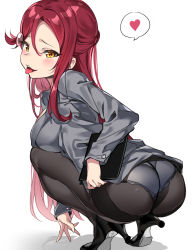 Rule 34 | 1girl, absurdres, ass, black footwear, black pantyhose, blush, breasts, commentary, gradient background, grey background, grey shirt, hair between eyes, heart, high heels, highres, large breasts, long hair, long sleeves, looking at viewer, looking back, love live!, love live! sunshine!!, no pants, open mouth, orange eyes, panties, panties under pantyhose, pantyhose, red hair, sakurauchi riko, shirt, sleeves past wrists, solo, spoken heart, squatting, symbol-only commentary, teeth, tem10, thighband pantyhose, tongue, tongue out, underwear, upper teeth only, very long hair, wedgie, white background