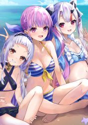 Rule 34 | 3girls, :3, :d, ahoge, alternate costume, barefoot, beach, bikini, bikini skirt, black one-piece swimsuit, blue one-piece swimsuit, breasts, brown eyes, choker, cleavage, day, fangs, flat chest, front-tie bikini top, front-tie top, grin, hairband, halterneck, highres, hololive, horns, indian style, konkito, long hair, looking at viewer, medium breasts, minato aqua, minato aqua (hololive summer 2019), multiple girls, murasaki shion, murasaki shion (hololive summer 2019), nakiri ayame, nakiri ayame (hololive summer 2019), navel, ocean, official alternate costume, one-piece swimsuit, open mouth, purple eyes, purple hair, red eyes, short eyebrows, silver hair, sitting, small breasts, smile, star (symbol), star choker, striped bikini, striped clothes, swimsuit, twintails, v, virtual youtuber