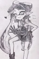 Rule 34 | 1girl, bare shoulders, boots, bow-shaped hair, breasts, callie (splatoon), choker, commentary request, dress, earrings, feet out of frame, gloves, graphite (medium), grin, hand on own hip, heart, highres, hoop earrings, inkling, jewelry, kinakomochi 920, long hair, looking at viewer, mole, mole under eye, monochrome, motion lines, nintendo, pointy ears, short dress, small breasts, smile, solo, splatoon (series), splatoon 3, star-shaped pupils, star (symbol), strapless, strapless dress, suction cups, swept bangs, symbol-shaped pupils, tentacle hair, traditional media, translated, twintails, very long hair, waving