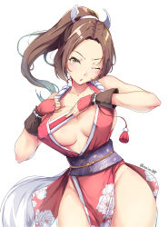 Rule 34 | 1girl, artist name, bare shoulders, blush, breasts, brown hair, folded fan, collarbone, commentary request, dress, floral print, folding fan, hair ornament, hand fan, high ponytail, highres, hip focus, japanese clothes, kudou maimu, large breasts, long hair, looking at viewer, ninja, no bra, obi, one eye closed, pelvic curtain, ponytail, print dress, red dress, revealing clothes, rope, sash, shiranui mai, simple background, solo, standing, the king of fighters, the king of fighters xv, thighs, white background, yellow eyes