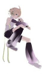 Rule 34 | 1boy, arm on knee, backlighting, belt, black shorts, blonde hair, d futagosaikyou, detached sleeves, full body, green eyes, grey shirt, headphones, highres, kagamine len, kagamine len (append), leg warmers, looking at viewer, looking to the side, shirt, short ponytail, shorts, sitting, sleeveless, sleeveless shirt, solo, spiked hair, turtleneck, vocaloid, vocaloid append, white background
