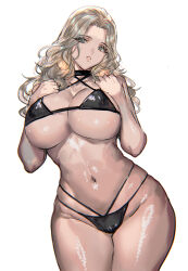 Rule 34 | 1girl, bikini, black bikini, blonde hair, breasts, cleavage, commentary request, cowboy shot, curvy, from below, green eyes, highres, large breasts, long hair, looking at viewer, navel, original, parted lips, ran&#039;ou (tamago no kimi), simple background, solo, stomach, swimsuit, thighs, underboob, white background, wide hips