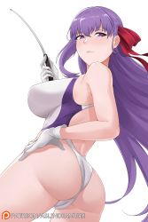 Rule 34 | 1girl, aslindsamure, ass, backless outfit, bare shoulders, bb (fate), bb (fate/extra), blush, breasts, cameltoe, cleft of venus, commentary, competition swimsuit, english commentary, fate/grand order, fate (series), from behind, gloves, hair ribbon, hand on own hip, highleg, highleg swimsuit, highres, large breasts, long hair, looking at viewer, looking back, one-piece swimsuit, pointer, purple eyes, purple hair, red ribbon, ribbon, simple background, solo, swimsuit, very long hair, white background, white gloves