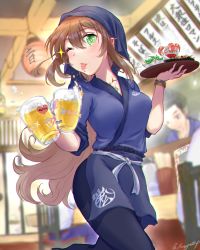 Rule 34 | 1girl, artist name, beer mug, blurry, blurry background, bracelet, breasts, brown hair, chair, cleavage, cup, eating, green eyes, heart, highres, holding, holding tray, indoors, izakaya, jewelry, lantern, matsunaga iori, motoja 72p, mouth hold, mug, necklace, one eye closed, open mouth, paper lantern, samue, shrimp, smile, sparkle, sweat, tray, twitter username, virtual youtuber, vocaloid, vsinger