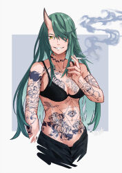 Rule 34 | 1girl, :d, arknights, bare arms, bare shoulders, between fingers, black bra, black pants, bra, breasts, cigarette, cleavage, collarbone, cropped legs, full-body tattoo, green hair, grin, hair over one eye, highres, holding, holding cigarette, horns, hoshiguma (arknights), large breasts, long hair, looking at viewer, navel, open fly, open mouth, pants, parted lips, peppsi (saba sabasuk0), scar, scar on face, single horn, skin-covered horns, smile, smoke, smoking, solo, stomach, tattoo, underwear, very long hair, yellow eyes