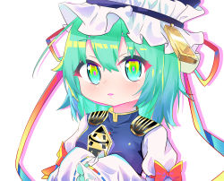 Rule 34 | 1girl, :o, absurdres, blue vest, breasts, commentary request, frilled sleeves, frills, green eyes, green hair, hair between eyes, highres, holding, juliet sleeves, long sleeves, looking at viewer, medium hair, open mouth, puffy sleeves, rod of remorse, shiki eiki, shinrabanshou (ehjs2237), shirt, sleeves past fingers, sleeves past wrists, small breasts, solo, touhou, upper body, vest, white shirt