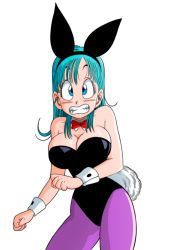 Rule 34 | 1girl, animal ears, bare shoulders, blue eyes, bow, bowtie, breasts, bulma, cleavage, clenched teeth, detached collar, dragon ball, dragon ball (classic), fake animal ears, fake tail, feet out of frame, female focus, green hair, groin, highres, large breasts, legs, leotard, long hair, looking at viewer, pantyhose, playboy bunny, rabbit ears, rabbit tail, simple background, solo, standing, sweat, tail, teeth, thighs, transparent background, wrist cuffs, yamamoto doujin