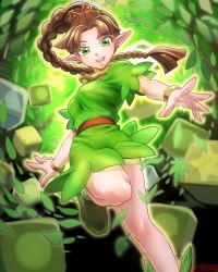 Rule 34 | 1girl, braid, braided ponytail, breasts, brown hair, dress, green eyes, green skirt, highres, leaf, long hair, open mouth, panel de pon, pointy ears, ponytail, single braid, skirt, smile, solo, sting chameleao, teana (panel de pon)