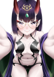 Rule 34 | 1girl, bare shoulders, blush, bob cut, breasts, closed mouth, collarbone, dearonnus, fangs, fangs out, fate/grand order, fate (series), glasses, gluteal fold, headpiece, highres, horns, japanese clothes, kimono, looking at viewer, navel, off shoulder, oni, purple eyes, purple hair, revealing clothes, short hair, shuten douji (fate), simple background, skin-covered horns, small breasts, smile, solo, white background