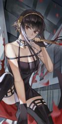 Rule 34 | 1girl, absurdres, bare shoulders, black dress, black gloves, black hair, black thighhighs, blood, bloody weapon, breasts, choker, cleavage, dagger, dress, earrings, gloves, hair ornament, hairband, highres, holding, holding weapon, jewelry, knife, looking at viewer, medium breasts, red eyes, sidelocks, spy x family, thighhighs, two-sided dress, two-sided fabric, weapon, yor briar, zhenxiao