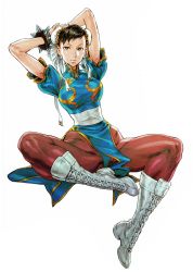 Rule 34 | arms behind head, arms up, boots, bracelet, breasts, brown hair, bun cover, capcom, china dress, chinese clothes, chun-li, commentary, cross-laced footwear, double bun, dress, earrings, full body, gold trim, hair bun, hair ornament, highres, jewelry, knee boots, lace-up boots, leotard, leotard under clothes, lips, medium breasts, nishimura kinu, official art, pantyhose, parted lips, pelvic curtain, puffy short sleeves, puffy sleeves, shiny clothes, short sleeves, simple background, solo, spiked bracelet, spikes, street fighter, street fighter ii (series), white background, white footwear