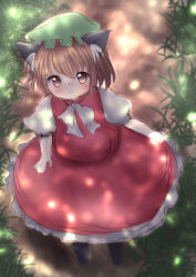 Rule 34 | 1girl, animal ears, blurry, blurry background, brown eyes, brown hair, cat ears, chen, dappled sunlight, dress, from above, grass, hat, highres, looking at viewer, mob cap, niwaniwatori, red dress, ribbon, scenery, short hair, short sleeves, solo, sunlight, touhou