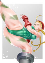 Rule 34 | 1girl, ahoge, ass, bad id, bad twitter id, beret, blonde hair, blue eyes, bodypaint, braid, breasts, cameltoe, cammy white, camouflage, clenched hand, covered erect nipples, covered navel, curvy, eyebrows, fingerless gloves, flexible, from below, gloves, gluteal fold, green leotard, hat, highleg, highleg leotard, highres, huge ahoge, huge ass, ikumo taisuke, jumping, kicking, large breasts, leg up, leotard, lips, long hair, looking to the side, nose, revealing clothes, scar, skin tight, skindentation, solo, street fighter, thighs, thong leotard, toned, twin braids, wide hips