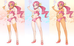 10s 1girl bikini blush bracelet dark_skin dark-skinned_female drill_hair flat_chest flower hair_flower hair_ornament hanasaki_tsubomi hand_on_own_hip heartcatch_precure! jewelry legs long_hair masn_(moxi) multiple_views navel one-piece_tan pale_skin pink_eyes pink_hair precure purple_eyes side-tie_bikini_bottom smile swimsuit tan tanline twintails