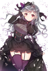 Rule 34 | 10s, 1girl, bad id, bad pixiv id, butterfly hair ornament, center frills, commentary request, fishnet thighhighs, fishnets, frills, garter straps, gothic lolita, hair down, hair ornament, hat, idolmaster, idolmaster cinderella girls, idolmaster cinderella girls starlight stage, kanzaki ranko, lolita fashion, long hair, manle, mini hat, red eyes, silver hair, smile, solo, thighhighs