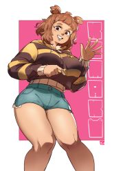 Rule 34 | 1girl, animal ears, blush, borrowed character, breasts, brown eyes, brown hair, character name, commentary, english commentary, highres, large breasts, looking down, open hand, original, short shorts, shorts, smile, snowcie, solo