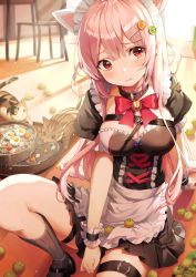 Rule 34 | 1girl, animal ears, apron, arm support, bell, black dress, black footwear, blush, bow, bowtie, breasts, cat, cat ears, choker, cleavage, commentary request, dress, frilled dress, frills, girls&#039; frontline, hair between eyes, hair ornament, hairclip, highres, jingle bell, large breasts, long hair, looking at viewer, maid, maid headdress, mary janes, medium breasts, neck bell, pink hair, rangu, red eyes, ribbed legwear, shoes, sidelocks, sitting, solo, tearing up, tears, thigh strap, thighs, ukm-2000 (girls&#039; frontline), very long hair, wrist cuffs