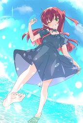 Rule 34 | 1girl, barefoot, black dress, blue sky, bocchi the rock!, cloud, commentary request, day, dress, green eyes, ixy, kita ikuyo, long hair, looking at viewer, ocean, outdoors, red hair, sky, smile, solo, toes