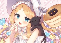 Rule 34 | 1girl, :d, abigail williams (fate), abigail williams (swimsuit foreigner) (fate), abigail williams (swimsuit foreigner) (third ascension) (fate), animal, animal on shoulder, bare arms, bare shoulders, bikini, black cat, blonde hair, blue eyes, blush, bonnet, bow, cat, commentary request, diagonal stripes, fate/grand order, fate (series), food, hair bow, hand up, heart, highres, open mouth, pancake, parted bangs, polka dot, smile, solo, star (symbol), strapless, strapless bikini, striped, striped background, striped bow, suzunone rena, swimsuit, white bikini, white bow, white headwear