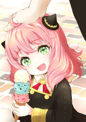 Rule 34 | 1girl, 1other, absurdres, anya (spy x family), child, cobblestone, dress, food, green eyes, hairpods, headpat, highres, holding, holding food, holding ice cream, ice cream, ice cream cone, lavie (cestbonlavie), long hair, long sleeves, looking up, open mouth, out of frame, outdoors, pink hair, smile, solo focus, spy x family, triple scoop